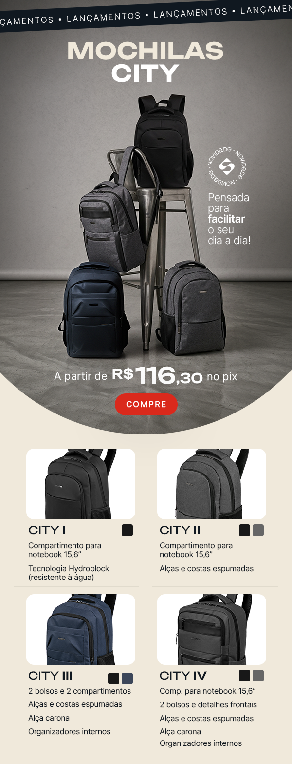 NOVIDADES SESTINI | Linha de Mochilas CITY a partir de R$ 96,90 no PIX