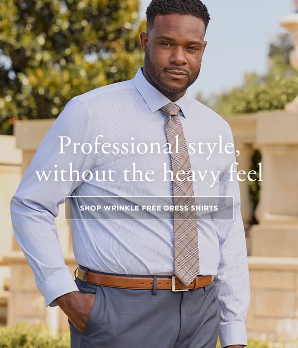 Man poses in a Haggar outfit, headline says, "Professional style without the heavy feel".