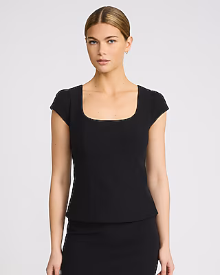 Studio Stretch Twill Square Neck Cap Sleeve Tailored Top
