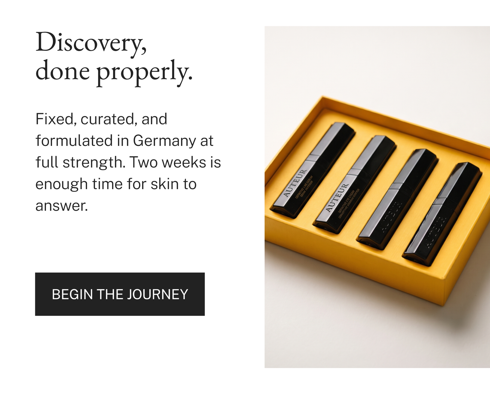 Ritual closer — 'Discovery, done properly.' headline and paragraph on being formulated in Germany at full strength, 'Begin the Journey' button, beside a photo of the open Journey Discovery Kit box with four vials