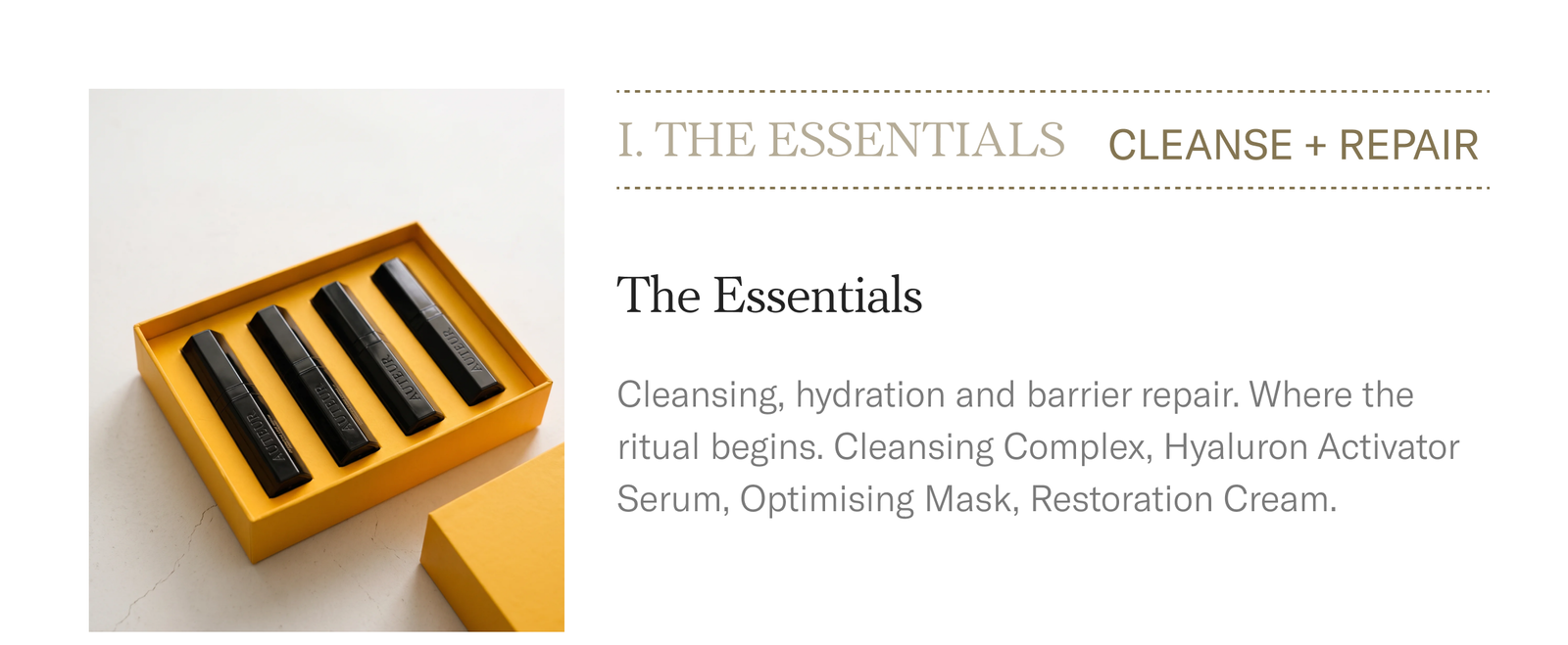 The Essentials, $149 — cleansing, hydration and barrier repair with Cleansing Complex, Hyaluron Activator Serum, Optimising Mask, and Restoration Cream, beside a mustard box of four black vials