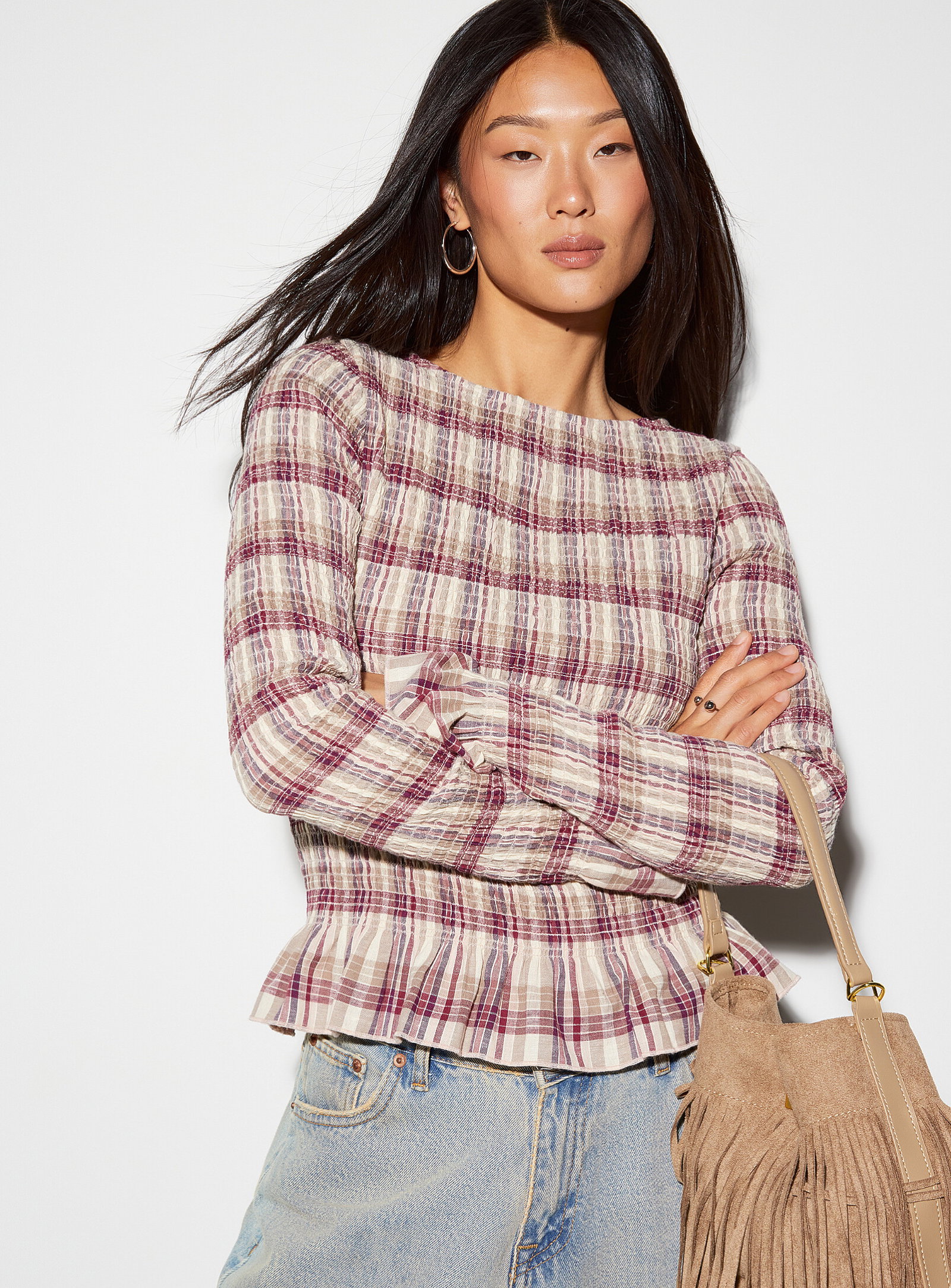 Ruffled trim smocked top