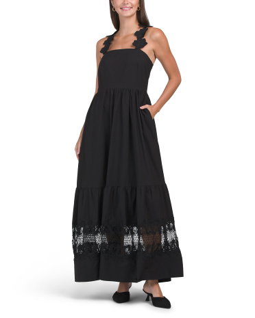 3D Floral Strap Maxi Dress With Lace Trim For Women, Cotton/Polyester
