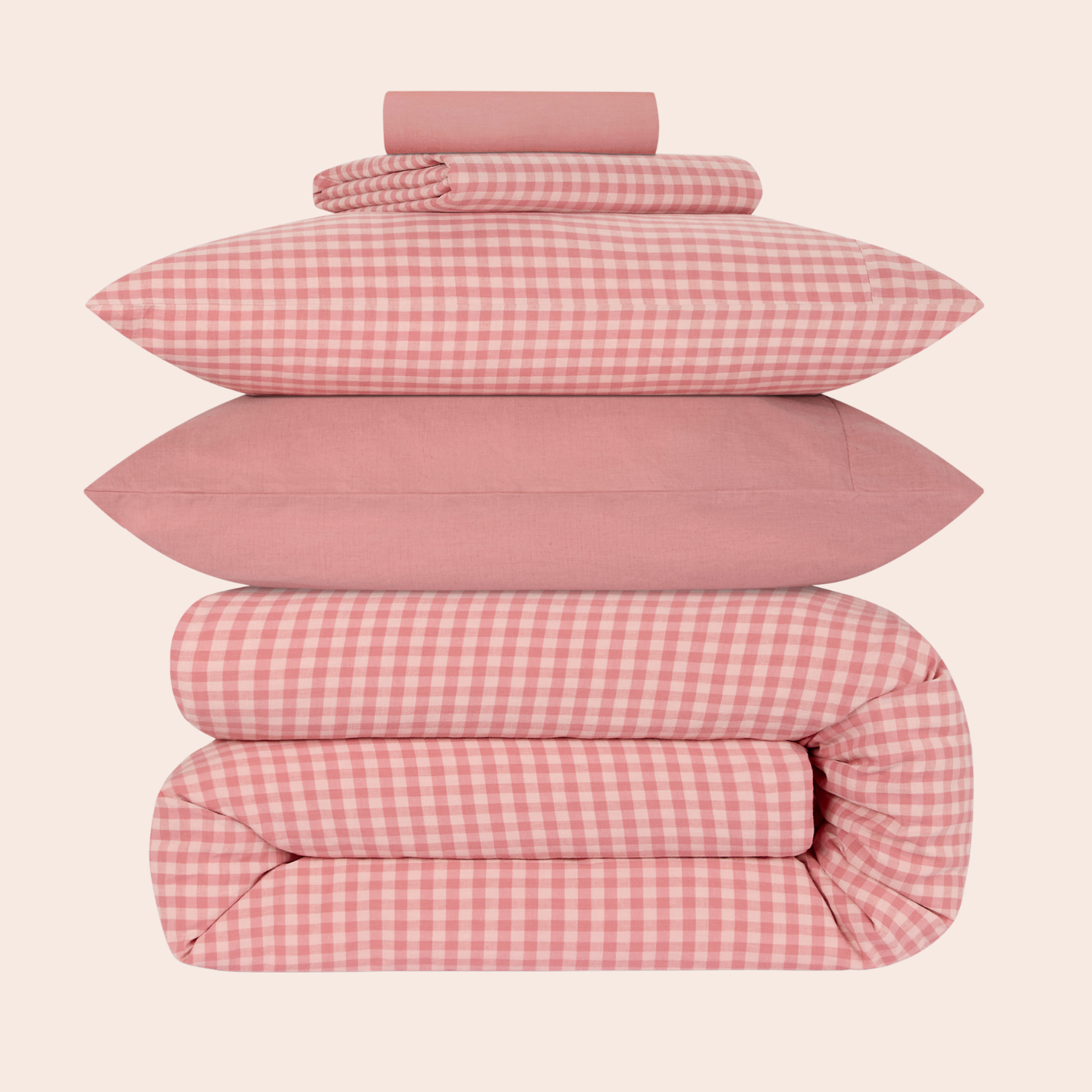 Dusty Pink & Rose Colour Drenched Gingham Linen Blend Duvet Cover