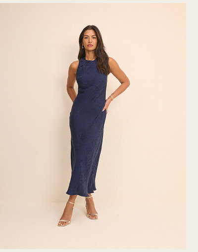 Navy Jacquard Floral Miley Midi Dress