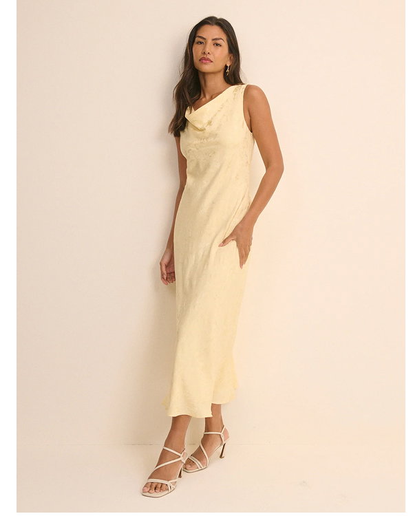 Butter Yellow Jacquard Floral Cassie Satin Midi Dress
