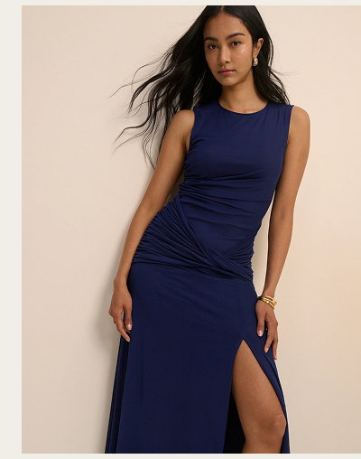 Navy Ruched Mesh Tammy Midi Dress