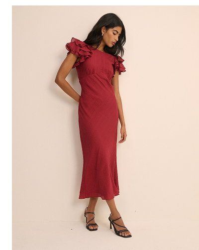 Crimson Red Frill Sleeve Lola Midi Dress