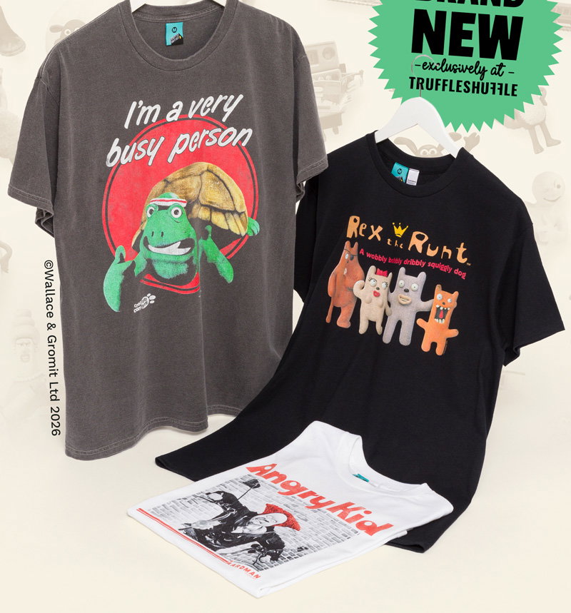 Aardman Creature Comforts Frank Vintage Wash Charcoal T-Shirt, Aardman Angry Kid White T-Shirt and Aardman Rex The Runt Line Up Black T-Shirt