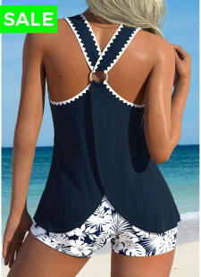 Tummy Coverage Mid Waisted Floral Print Navy Tankini Set