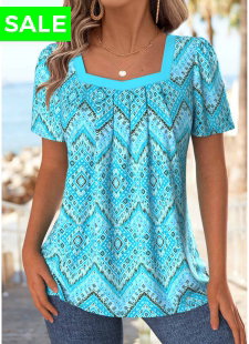 Cyan Geometric Print Short Sleeve Square Neck T Shirt