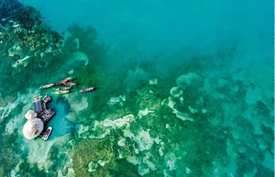 Aerial view of Jamaica’s turquoise waters, with colourful boats gathered around Floyd’s Pelican Bar, a small thatched-roof bar set on stilts above the sea.