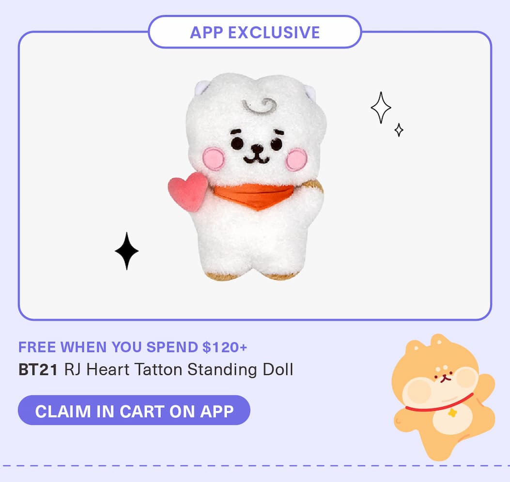 FREE when you spend $120+, BT21 RJ Heart Tatton Standing Doll. APP EXCLUSIVE.
