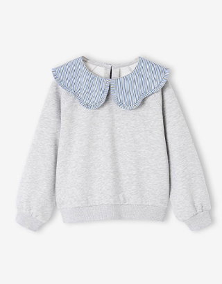 Girl's sweatshirt with English embroidery collar and flocked velvet message - marl grey