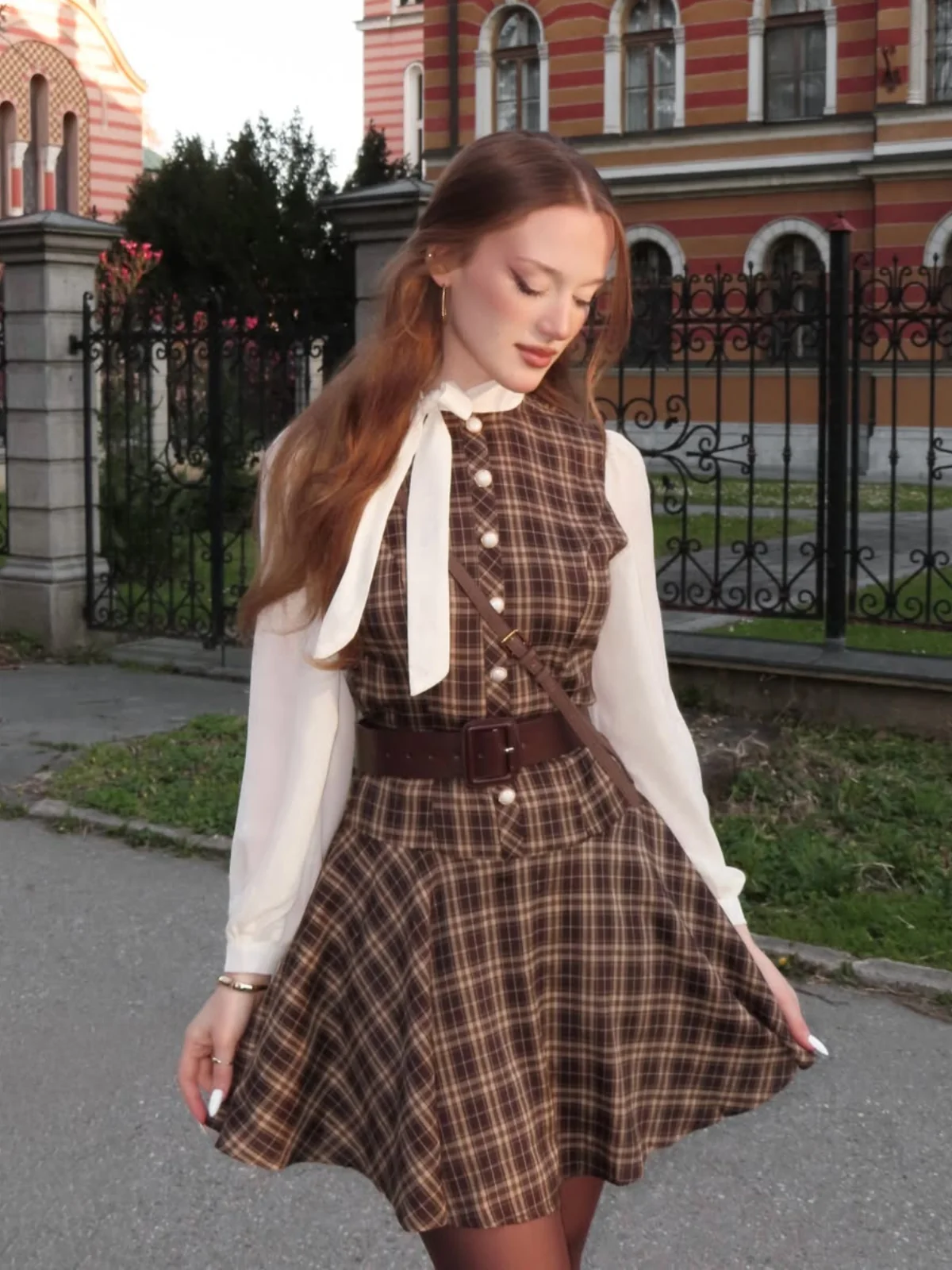 Brown 1960s Plaid Bow Tie Button Swing Dress
