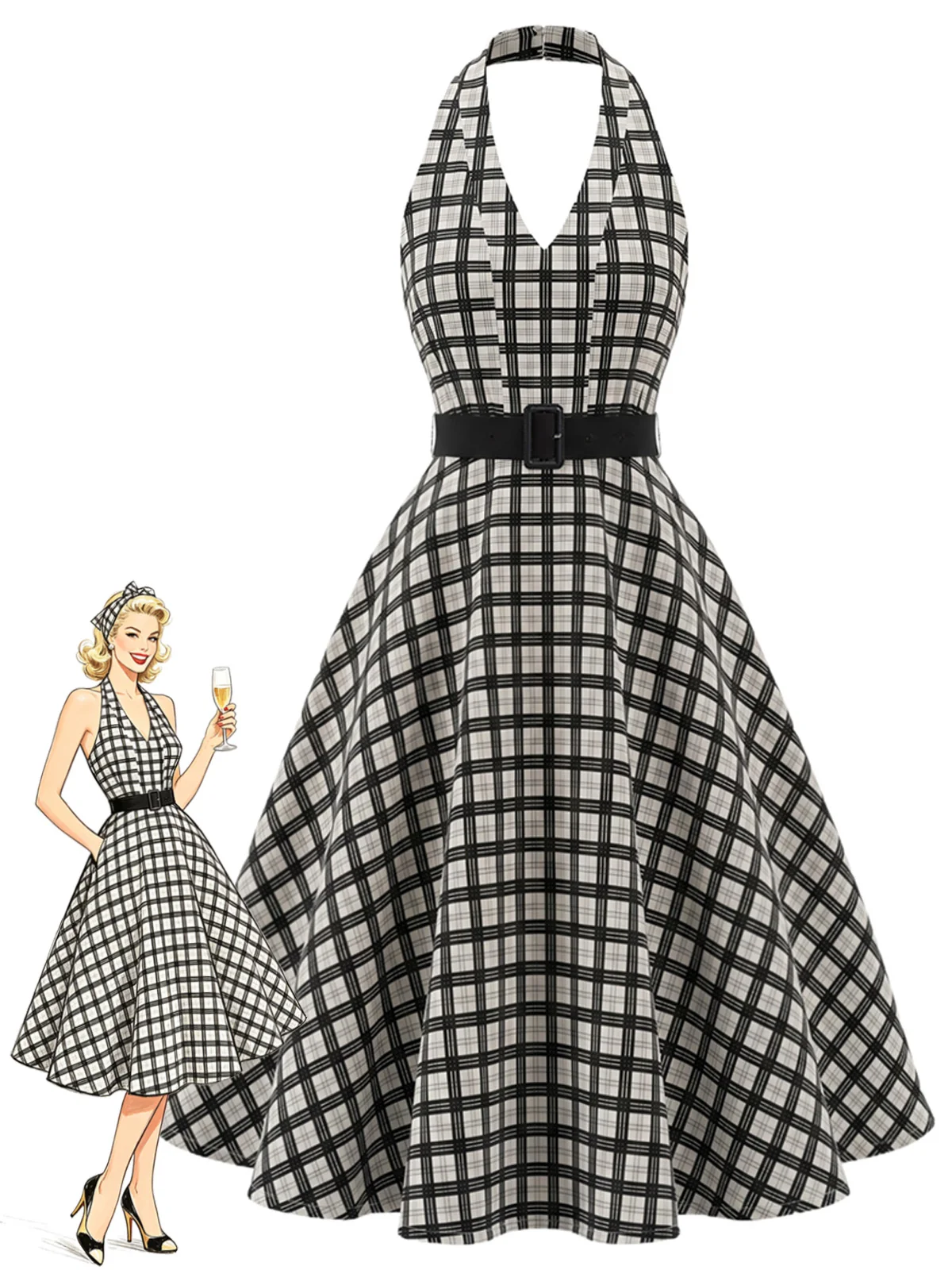 [Pre-Sale] Black 1950s Plaid Halter Belted Swing Dress with Pockets