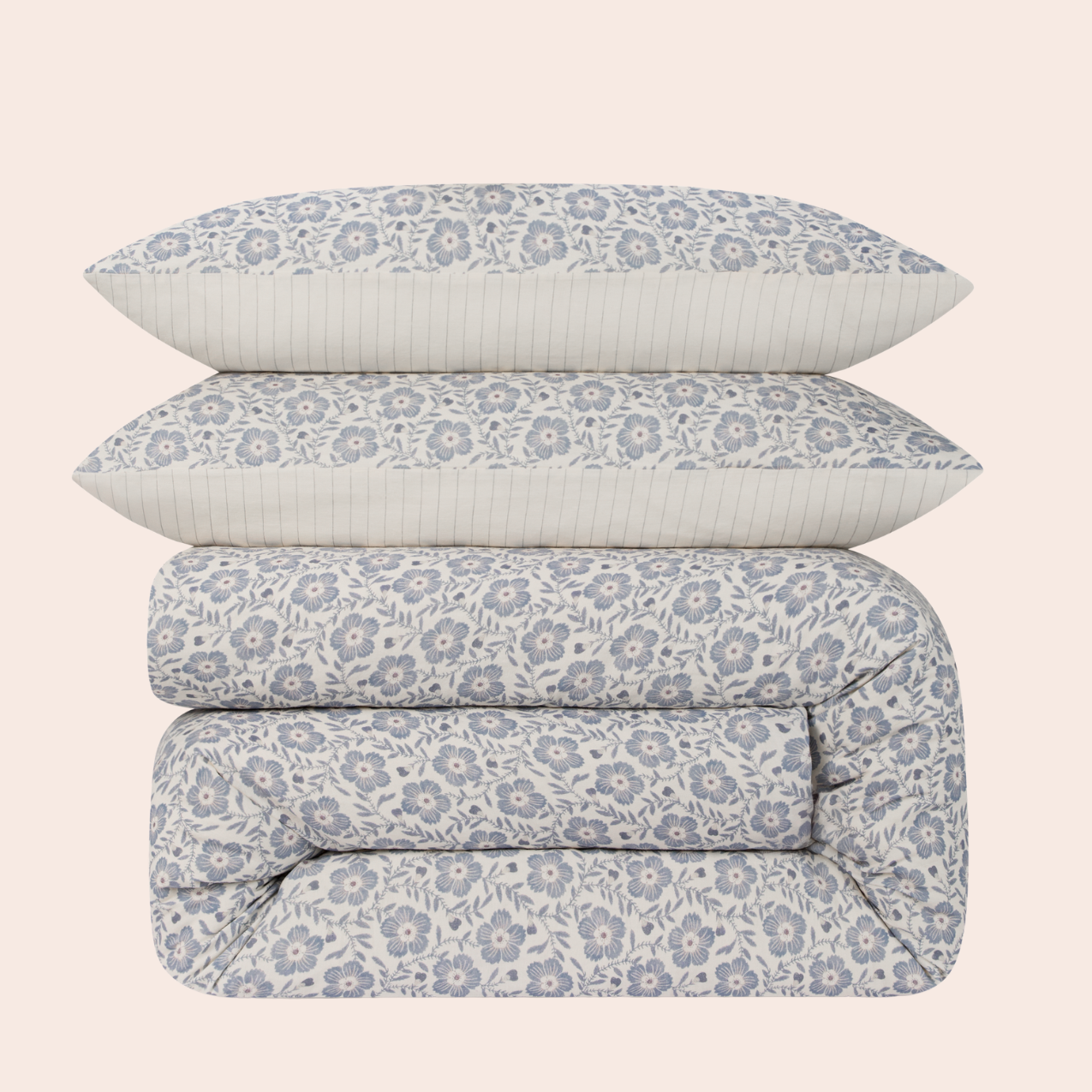 Dusk Blue Folk Floral Linen Blend Duvet Cover