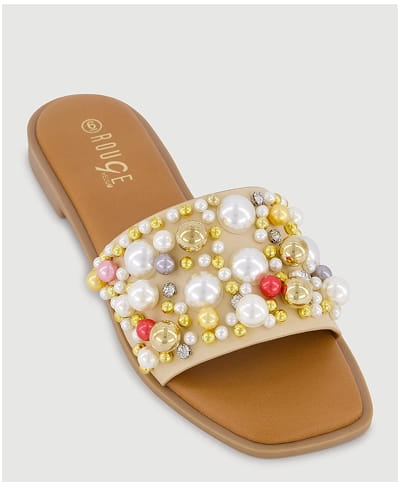 Shop Faux Pearl and Rhinestone Single Band Slide Sandals