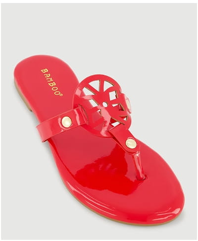 Shop Faux Leather Cut Out Pendant Thong Sandals