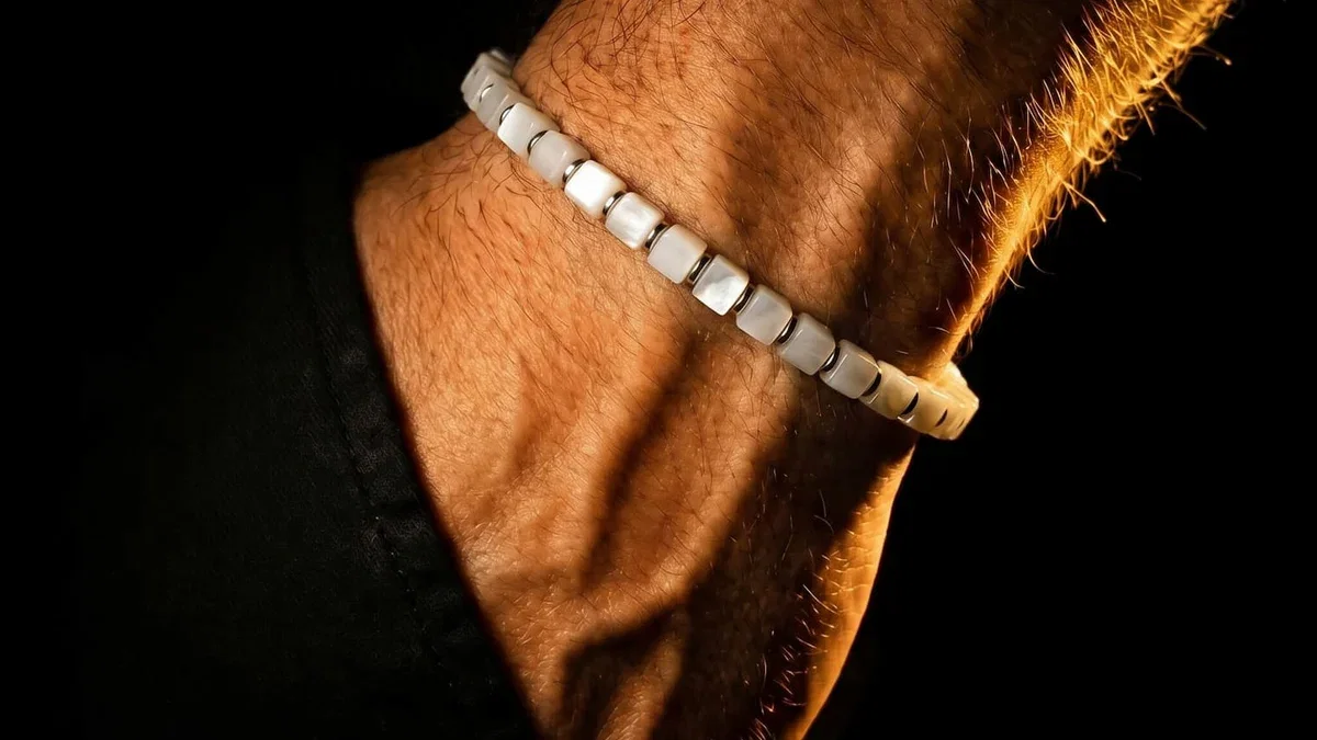 Mother of Pearl Cube Bracelet I (4mm) worn on the wrist
