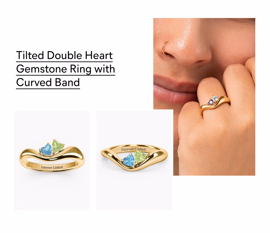 Tilted Double Heart Gemstone Ring With Curved Band 
