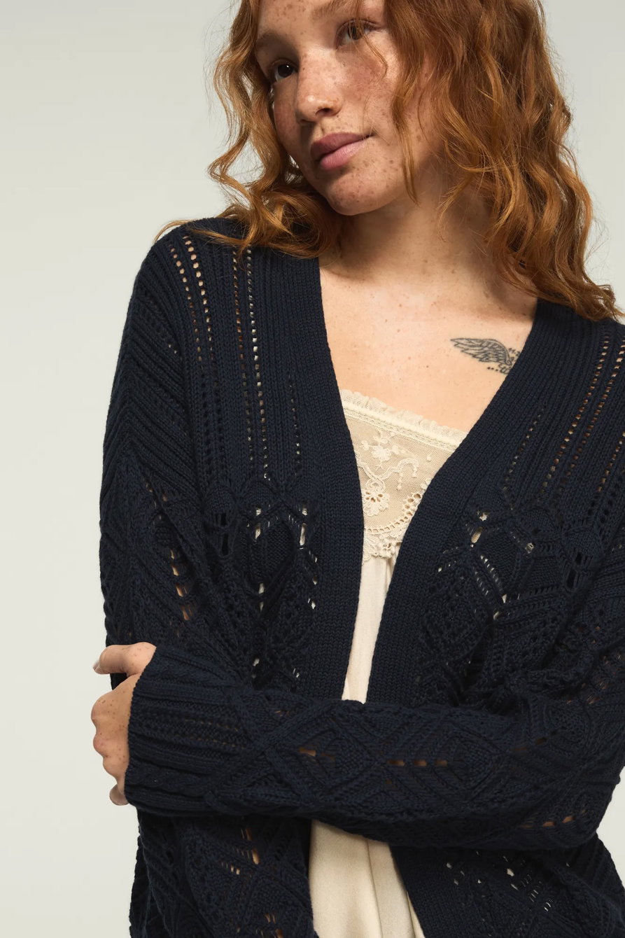 Image of Lucky Brand Mixed Stitch Cardigan Sweater - Women's Clothing Tops Sweaters in Cadet Navy