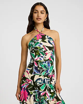 Cotton Poplin Printed Tie Halter Smocked Back Tank