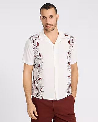 Abstract Floral Border Rayon Short Sleeve Shirt