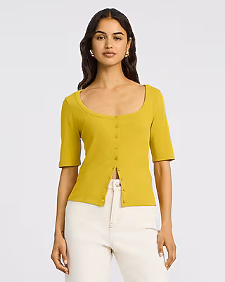 Ribbed Scoop Neck Elbow Sleeve Button Front Tee