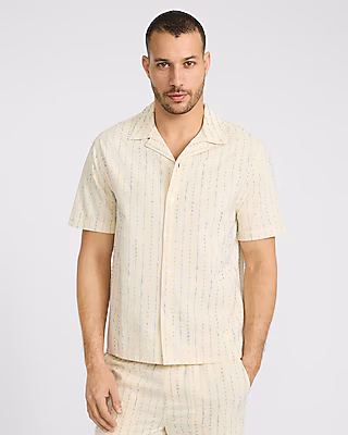 Textured Ticking Striped Cotton-Blend Short Sleeve Shirt
