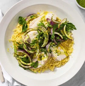 Lemony Chicken and Couscous with Salsa Verde Onions