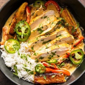 Coconut-Braised Chicken with Plantains and Peppers