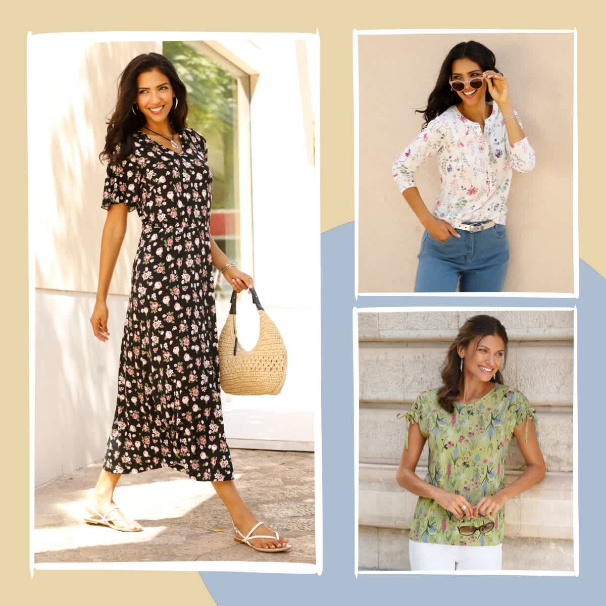  Ein Model trägt ein schwarzes, geblümtes Maxikleid mit kurzen Ärmeln und Sandalen, daneben zwei weitere Models mit einer weißen, geblümten Bluse und einer grünen, geblümten Kurzarmbluse. Sommerlicher Blütenzauber. Alle Größen ein Preis. Bild oder Schaltfläche darunter anklicken, um in den Shop zu gelangen >