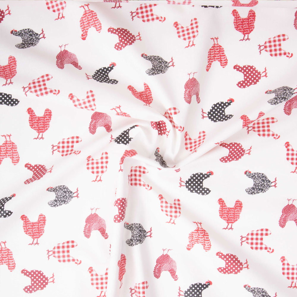 Coupon Tissu Coton Enduit Mini Poulettes rouges sur fond Naturel