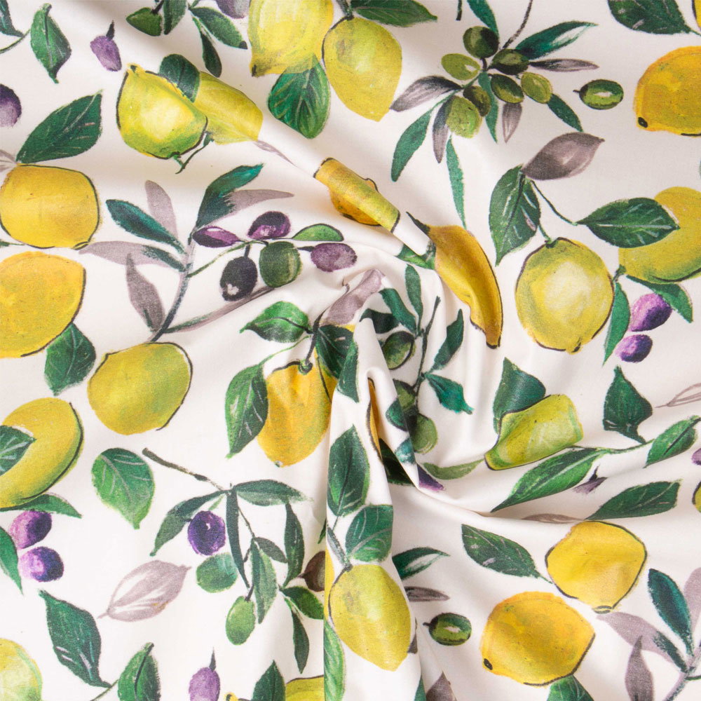 Coupon Tissu Coton Enduit Citronnade jaune et vert sur fond Blanc