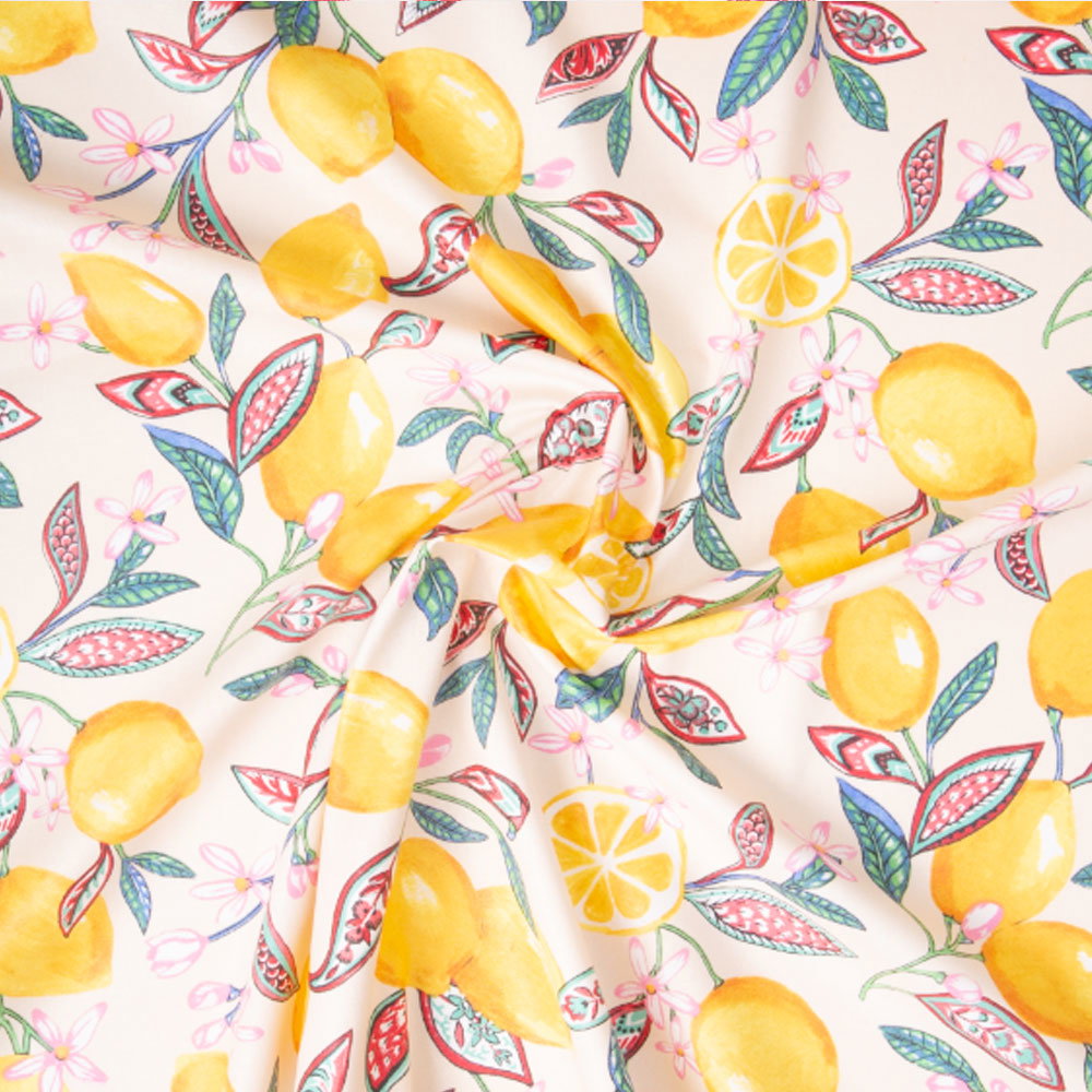 Coupon Tissu Coton Enduit Citronnier jaune sur fond Ecru