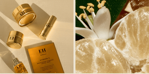 Emma Hardie Vitamin C Brilliance skincare products with botanical imagery, highlighting a radiance-supporting summer ritual.