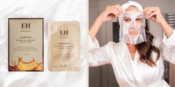Emma Hardie Moringa Hydrating Hydrogel Facial Mask shown in packaging and applied to the face for a cooling skin reset
