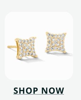 Gold-tone square cluster studs set with multiple clear pavé stones. Click here to shop now