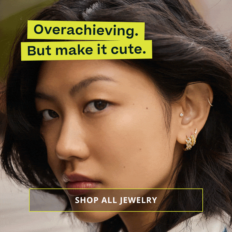 Rotating male & female model wearing gold & diamond layers & ear stacks. Overachieving. But make it cute. Click here to shop all jewelry