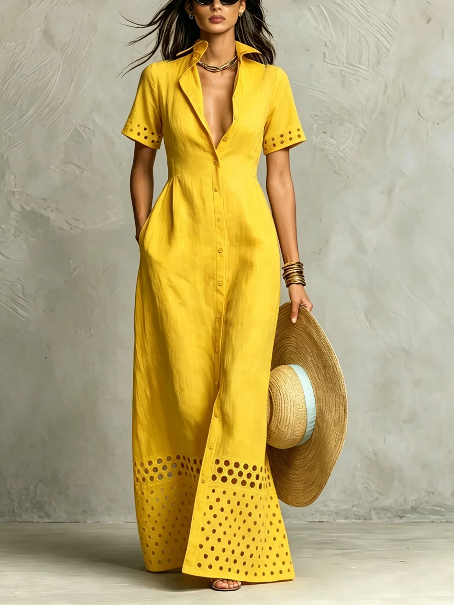 Cotton And Linen Casual Plain Hollow Out Shirt Collar Maxi Dress