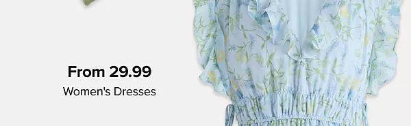 From 29.99 womens dresses. Shop now. A blue dress with flower prints on it.