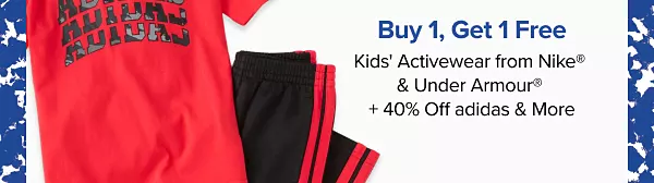 Buy one, get one free kids activewear from Nike and Under Armour. Plus, 40% off adidas and more. Shop now. A red athletic shirt and black sweatpants.