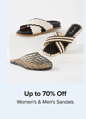 Up to 70% off womens and mens sandals. Shop now. Various pairs of sandals.
