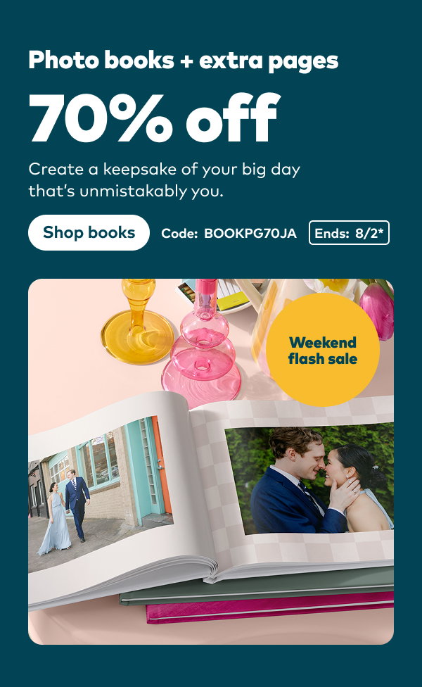 Weekend flash sale - 70% off photo books and extra pages. Code: BOOKPG70JA. Ends: 8/2, see site for details. Shop books.
