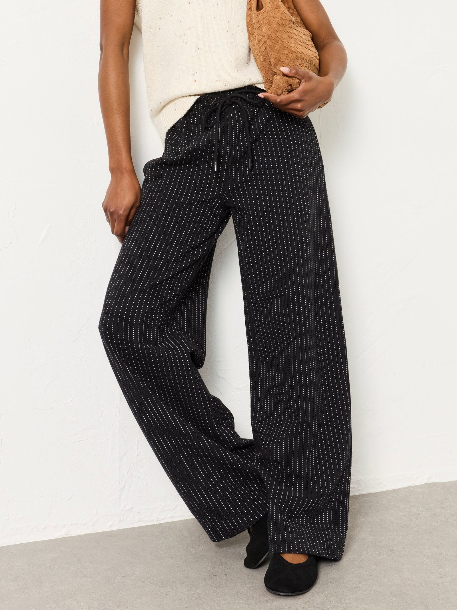 FatFace Black Jersey Stripe Wide Leg Trouser