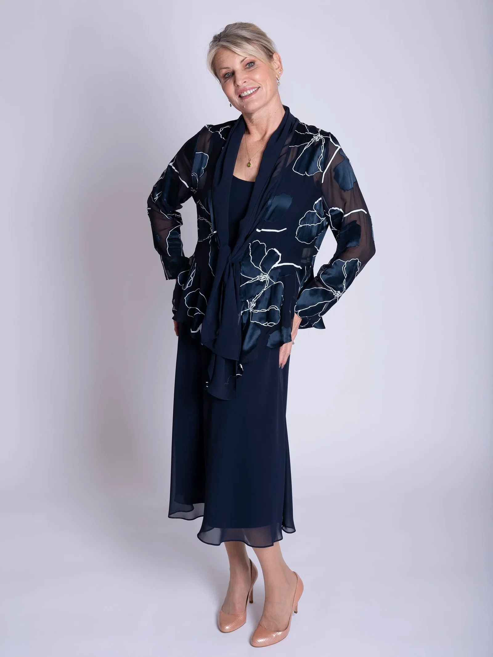 Image of Dark Navy Bias Cut Chiffon Dress