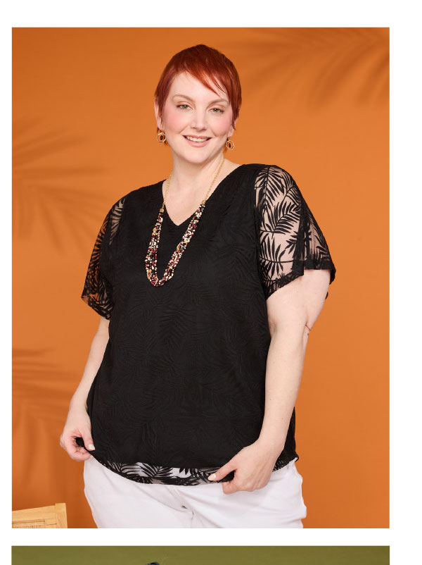 Palm Print Short Sleeve Burnout Knit Top