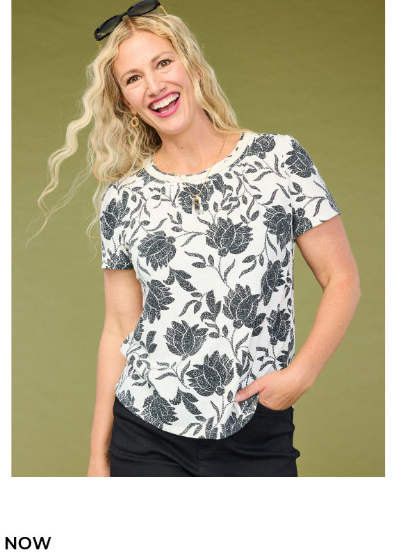 Botanical Print Braided Neckline Textured Tee