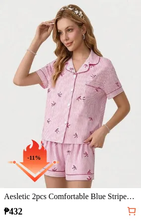 Aesletic 2pcs Comfortable Blue Striped Heart Collar Button Short Sleeve Top With Pocket And Bow Shorts Pajama Set For Women, Suitable For Home Wear